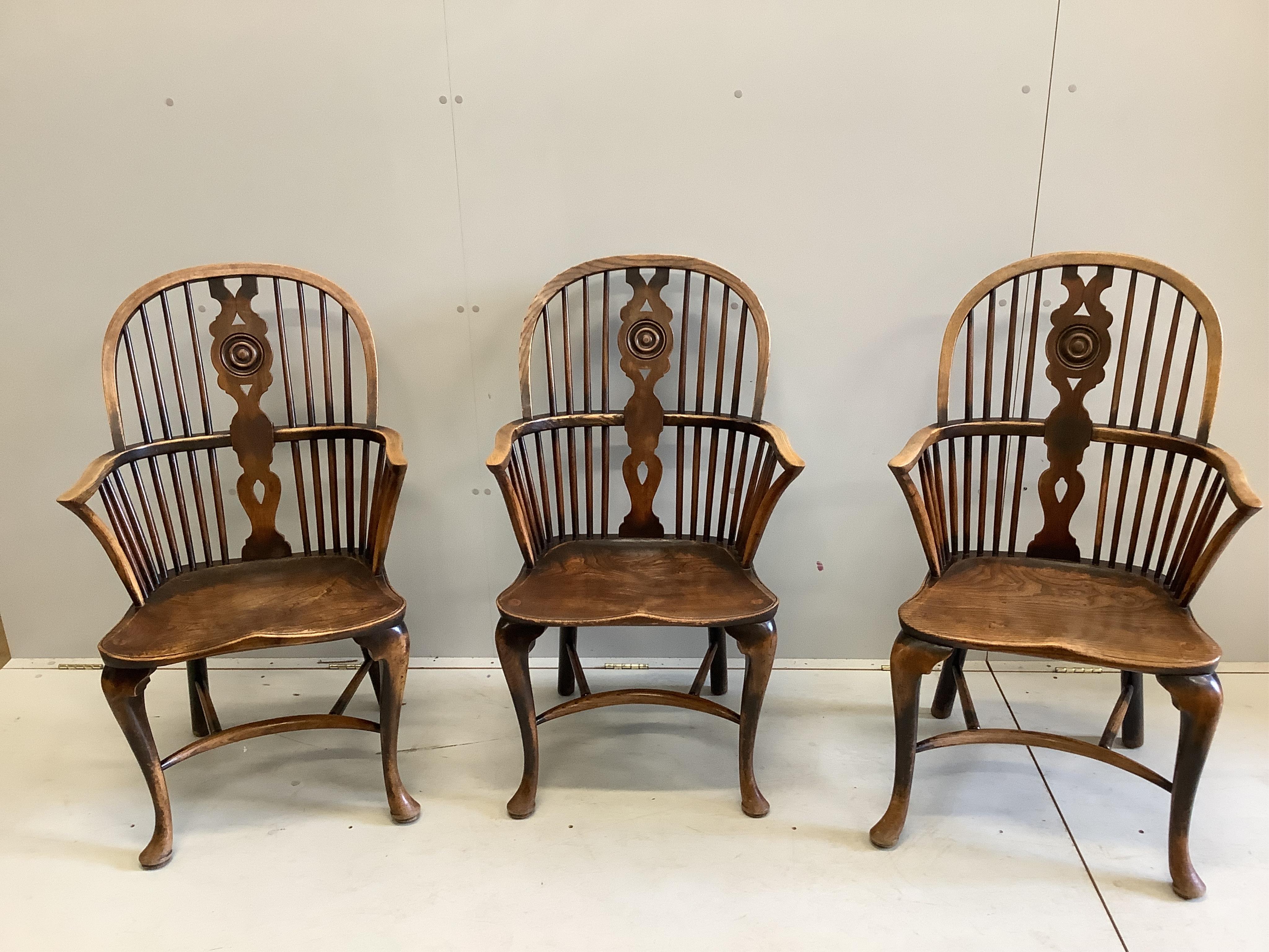 Six (three plus three) reproduction elm and beech Windsor armchairs, larger width 60cm, height 106cm. Condition - poor to fair